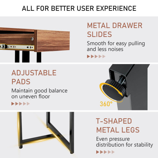 48 Inch Computer Desk with Metal Frame and Adjustable Pads-Walnut