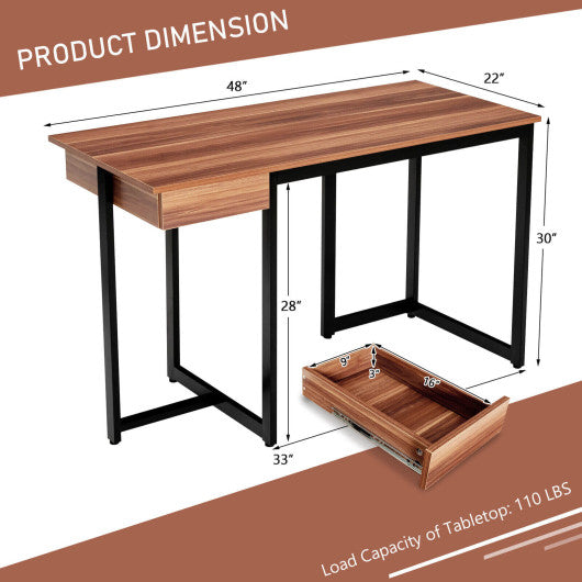 48 Inch Computer Desk with Metal Frame and Adjustable Pads-Walnut