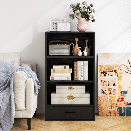 48 Inch Tall 4 Tiers Wood Bookcase with Drawer-Black