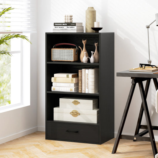 48 Inch Tall 4 Tiers Wood Bookcase with Drawer-Black