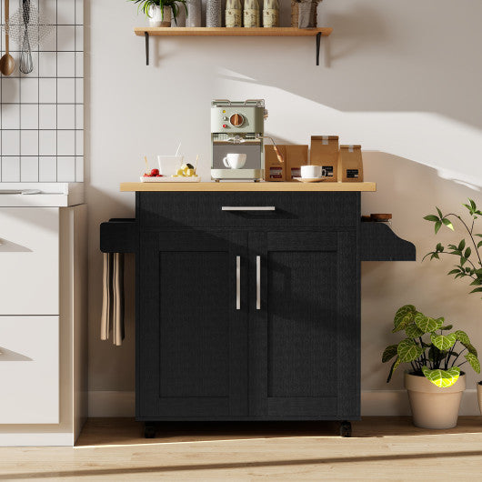 Rolling Kitchen Island Cart with Towel and Spice Rack-Black