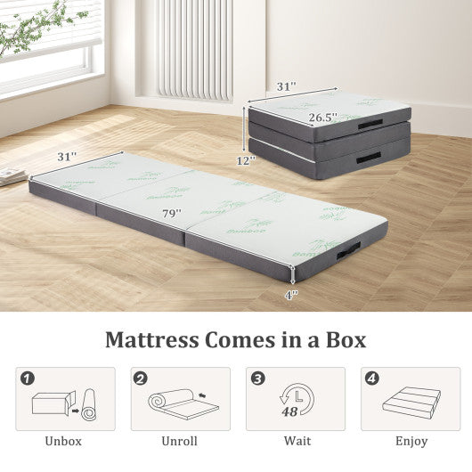 4 Inch Tri-Fold Foam Mattress with Washable Cover for Yoga Guest Mat-Gray