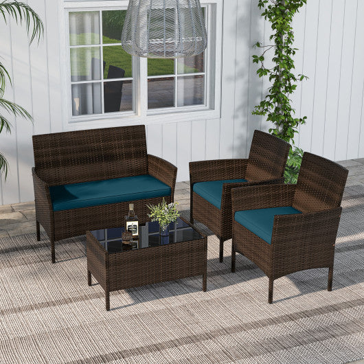 4 Piece Patio Rattan Conversation Set with Cozy Seat Cushions-Peacock Blue