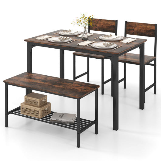 4 Pieces Rustic Dining Table Set with 2 Chairs and Bench-Rustic Brown