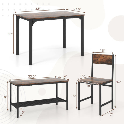 4 Pieces Rustic Dining Table Set with 2 Chairs and Bench-Rustic Brown