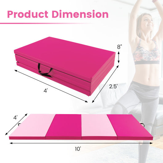 4-Panel PU Leather Folding Exercise Mat with Carrying Handles-Hot Pink