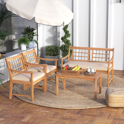 4 Piece Wood Patio Furniture with Armchairs Loveseat and Coffee Table-Off White