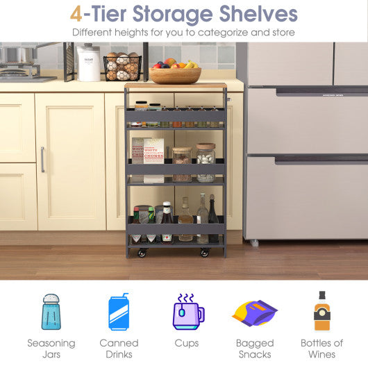 4-Tier Rolling Storage Cart Slim Kitchen Cart on Wheels with Open Shelves and Handle-Gray