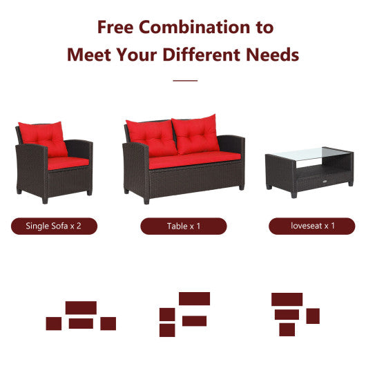 4 Pieces Patio Rattan Furniture Set with Tempered Glass Coffee Table-Red