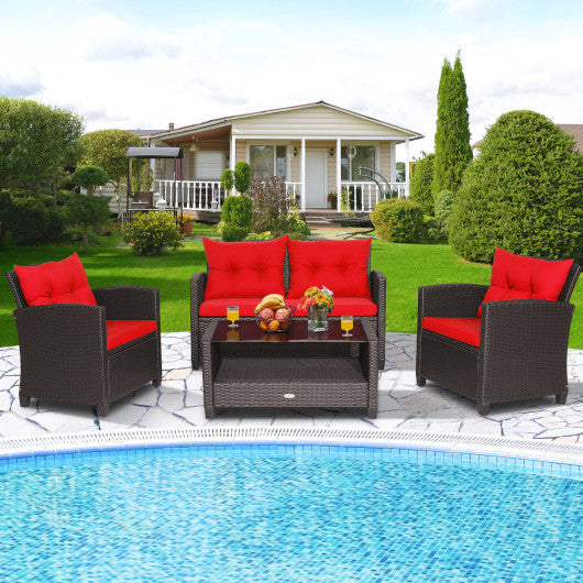 4 Pieces Patio Rattan Furniture Set with Tempered Glass Coffee Table-Red