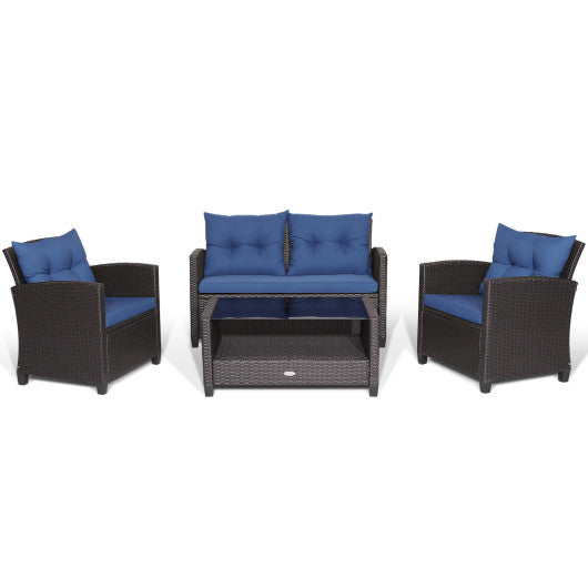 4 Pieces Patio Rattan Furniture Set with Tempered Glass Coffee Table-Navy