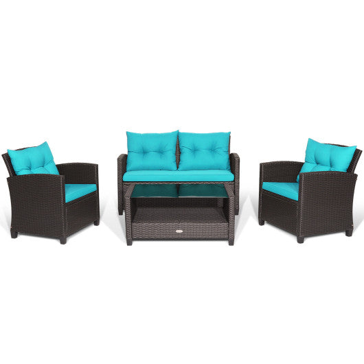 4 Pieces Patio Rattan Furniture Set with Tempered Glass Coffee Table-Turquoise