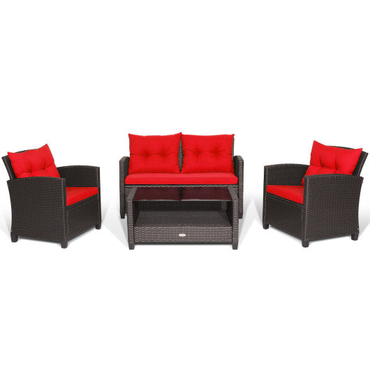 4 Pieces Patio Rattan Furniture Set with Tempered Glass Coffee Table-Red