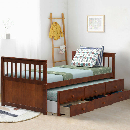 Twin Captain’s Bed with Trundle and 3 Storage Drawers-Walnut