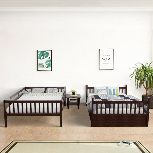 Full over Full Bunk Bed Platform Wood Bed with Ladder-Brown