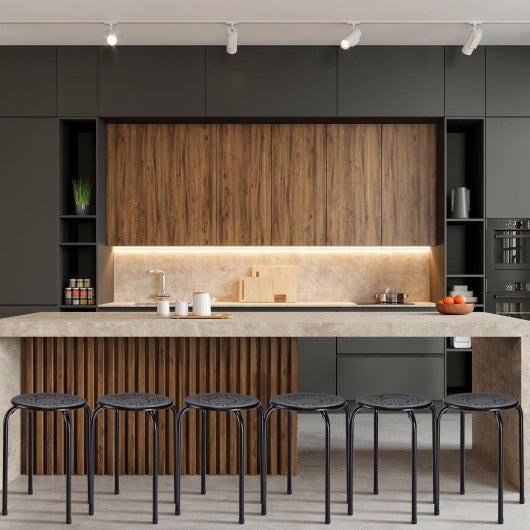 Set of 6 Stackable Multifunctional Daisy Design Backless Round Metal Stool Set-Black