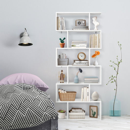6 Tier S-Shaped Bookshelf Storage Display Bookcase Decor Z-Shelf -White