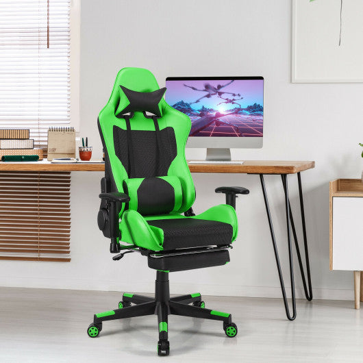 PU Leather Gaming Chair with USB Massage Lumbar Pillow and Footrest-Green