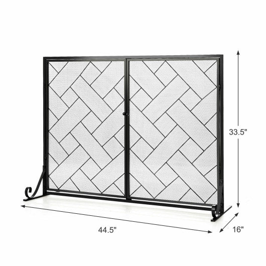 2-Panel Fireplace Screen Folding Metal Fire Place Safety Fence with Magnetic Doors-Black