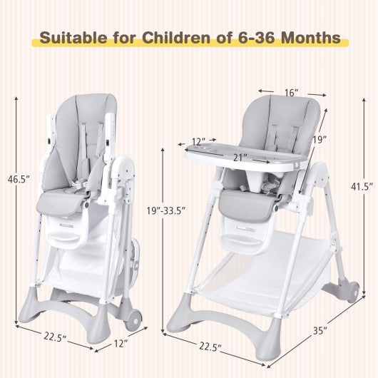Baby Convertible Folding Adjustable High Chair with Wheel Tray Storage Basket-Gray