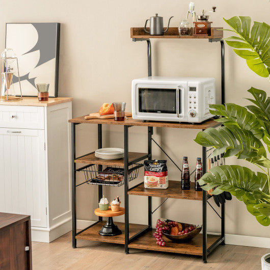 4-tier Kitchen Baker's Rack with Basket and 5 Hooks-Rustic Brown