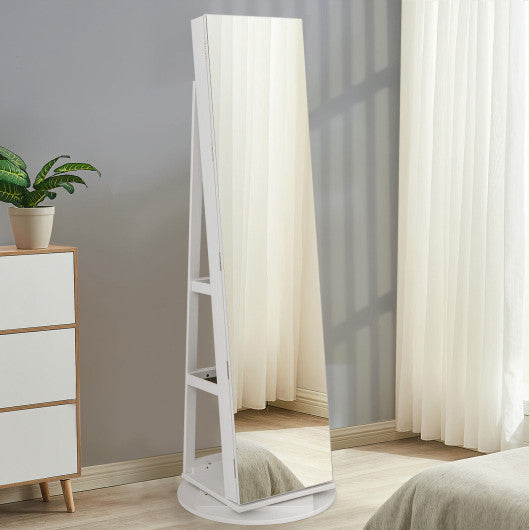 360° Rotating Mirrored Jewelry Cabinet Armoire 3 Color LED Modes Lockable-White