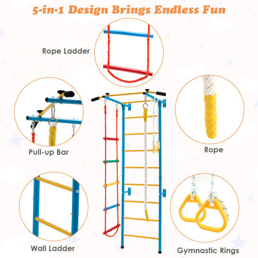 7 In 1 Kids Indoor Gym Playground Swedish Wall Ladder for Solid Wall-Yellow