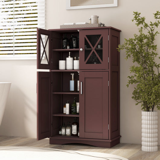 4 Doors Freeestanding Bathroom Floor Cabinet with Adjustable Shelves-Brown