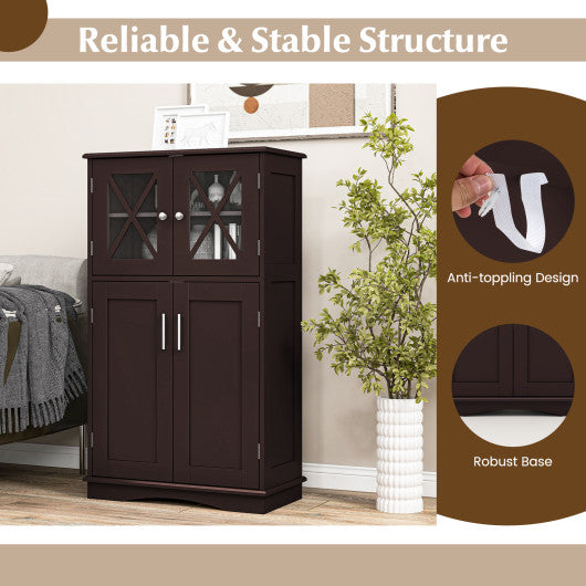 4 Doors Freeestanding Bathroom Floor Cabinet with Adjustable Shelves-Brown