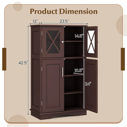 4 Doors Freeestanding Bathroom Floor Cabinet with Adjustable Shelves-Brown