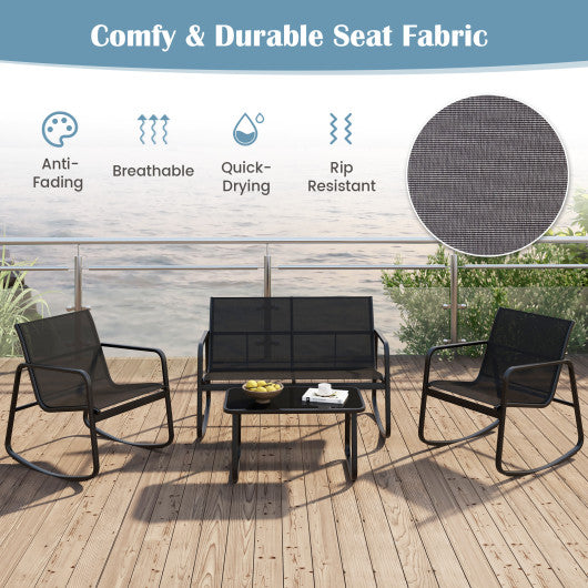 4 Piece Patio Rocking Set with Glass-Top Table-Black
