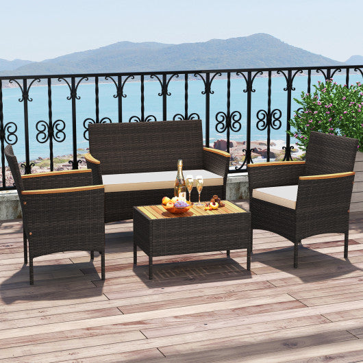 4 Piece Patio Wicker Sofa Set 2 Rattan Chairs and Loveseat with Table-Brown