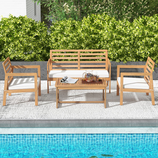4 Piece Wood Patio Conversation Set with 2 Armchairs and Coffee Table-White
