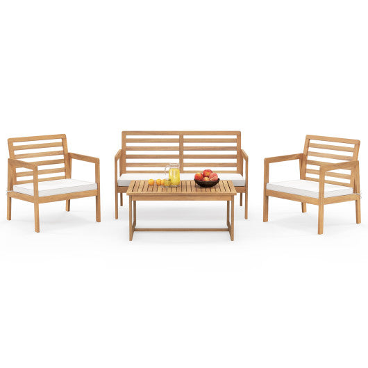 4 Piece Wood Patio Conversation Set with 2 Armchairs and Coffee Table-White