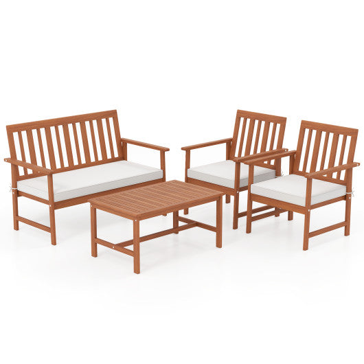 4 Pieces Acacia Wood Furniture Set with Seat Cushions and Robust Wood Frame-White