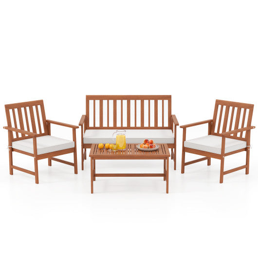 4 Pieces Acacia Wood Furniture Set with Seat Cushions and Robust Wood Frame-White