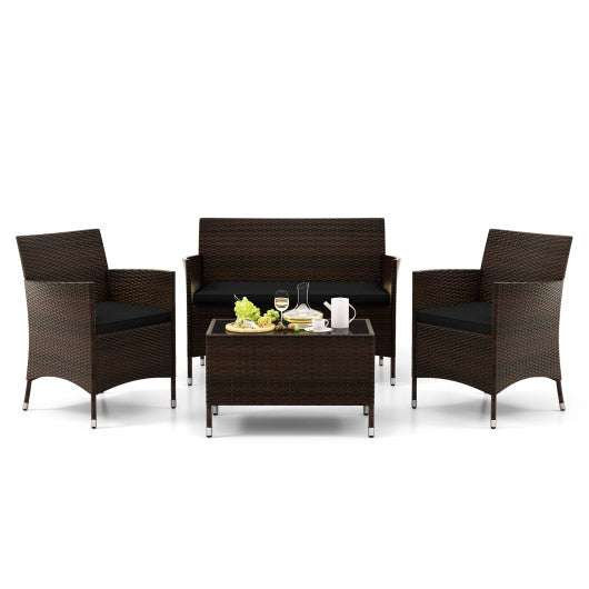4 Pieces Rattan Sofa Set with Glass Table and Comfortable Wicker for Outdoor Patio-Black