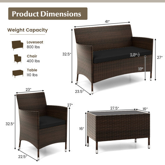 4 Pieces Rattan Sofa Set with Glass Table and Comfortable Wicker for Outdoor Patio-Black