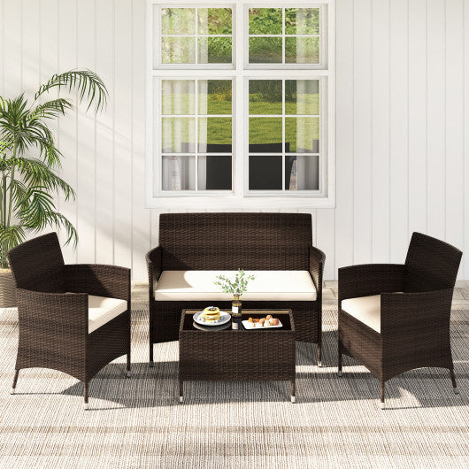 4 Pieces Comfortable Outdoor Rattan Sofa Set with Glass Coffee Table-Light Brown
