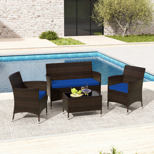 4 Pieces Rattan Sofa Set with Glass Table and Comfortable Wicker for Outdoor Patio-Navy