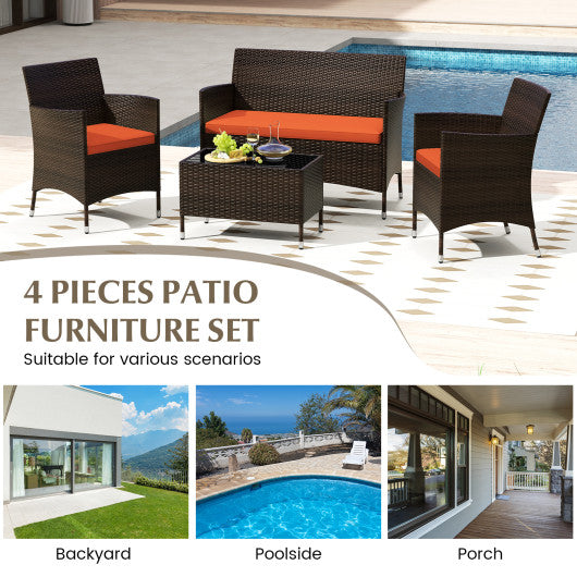 4 Pieces Comfortable Outdoor Rattan Sofa Set with Glass Coffee Table-Orange