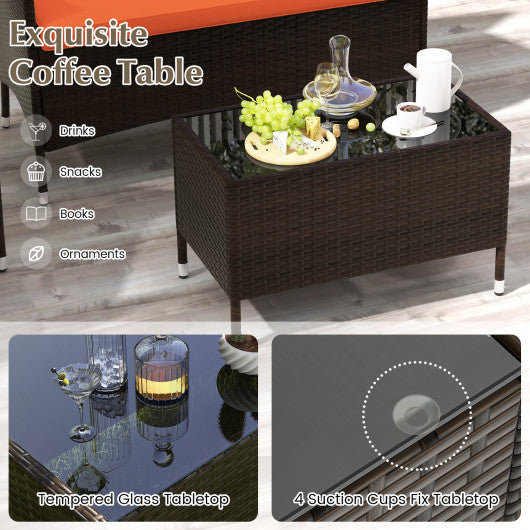 4 Pieces Comfortable Outdoor Rattan Sofa Set with Glass Coffee Table-Orange