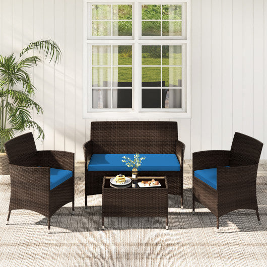 4 Pieces Comfortable Outdoor Rattan Sofa Set with Glass Coffee Table-Peacock Blue