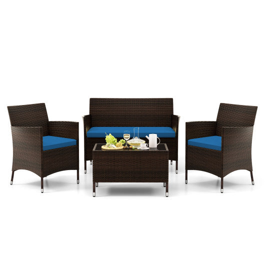 4 Pieces Comfortable Outdoor Rattan Sofa Set with Glass Coffee Table-Peacock Blue