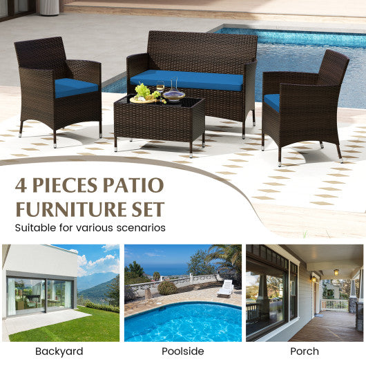 4 Pieces Comfortable Outdoor Rattan Sofa Set with Glass Coffee Table-Peacock Blue