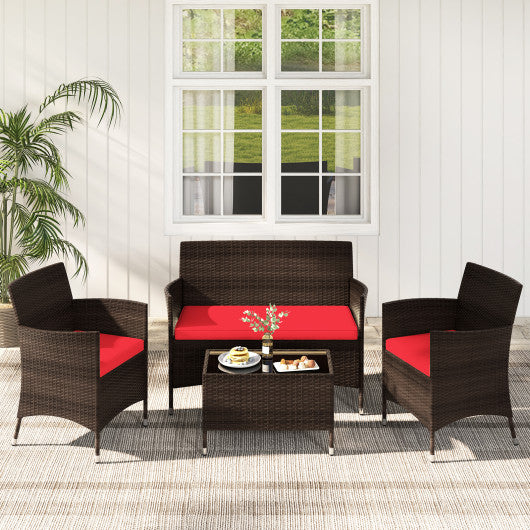 4 Pieces Comfortable Rattan Outdoor Conversation Furniture Set with Glass Table