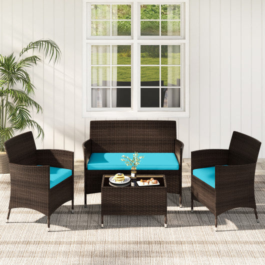 4 Pieces Patio Rattan Sofa Set with Chairs and Glass Coffee Table-Turquoise