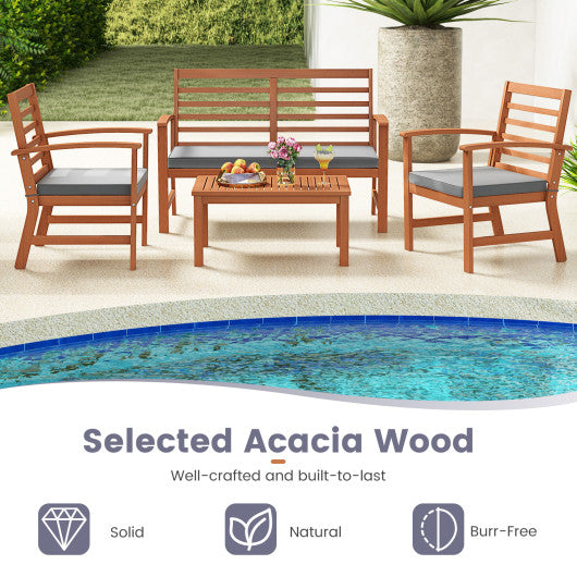 4 Pieces Outdoor Furniture Set with Stable Acacia Wood Frame-Gray