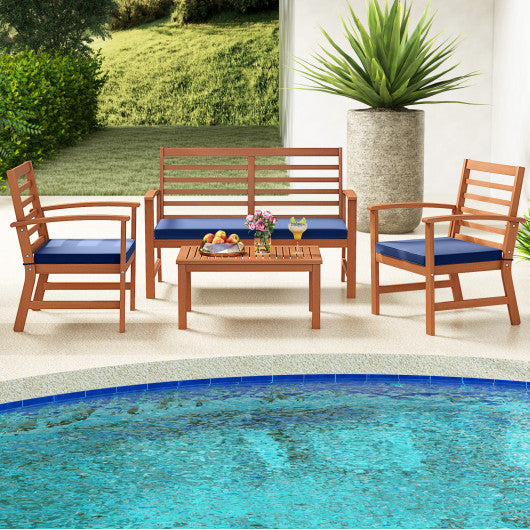 4 Pieces Outdoor Furniture Set with Stable Acacia Wood Frame-Navy