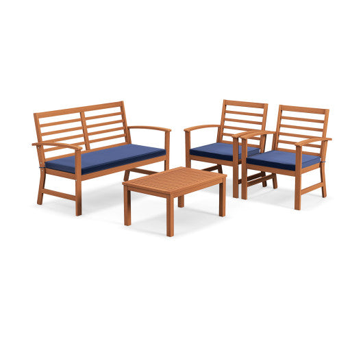 4 Pieces Outdoor Furniture Set with Stable Acacia Wood Frame-Navy